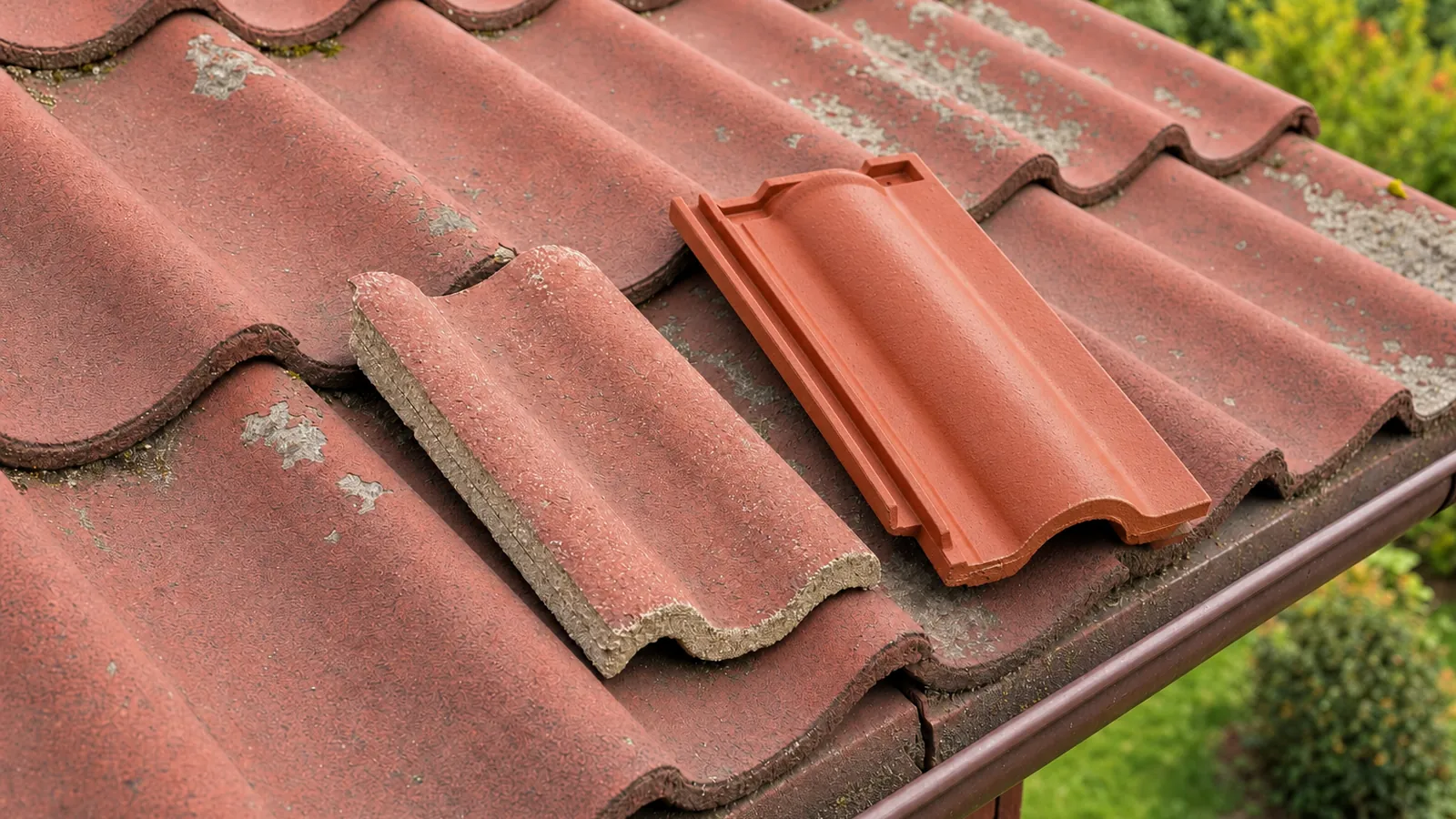 Dachówka betonowa i ceramiczna obok siebie, z bliska widać różnicę faktury i krawędzi