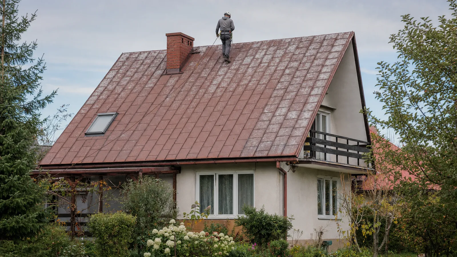 Dom jednorodzinny z wyblakłym dachem z blachodachówki, dekarz ogląda arkusze przy kalenicy