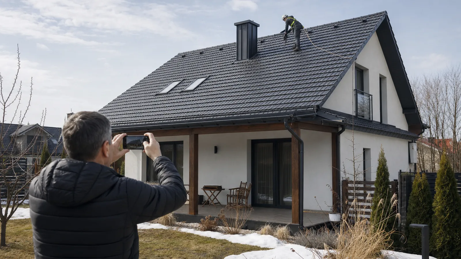 Wczesna wiosna, właściciel fotografuje telefonem dach z dachówki