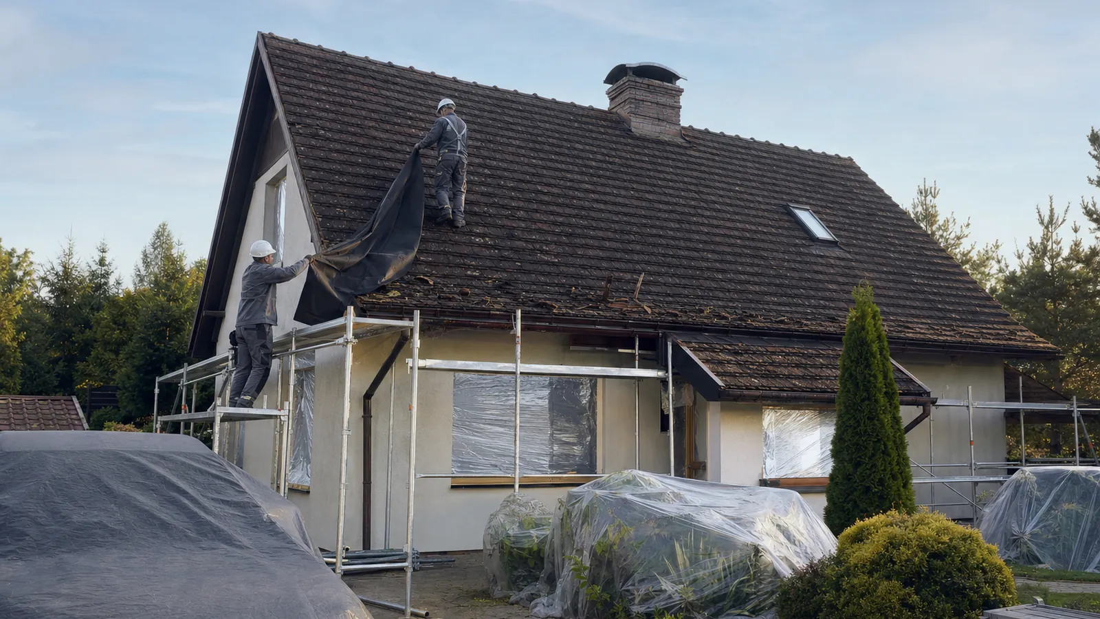 Dom przed renowacją dachu: samochód pod plandeką, okna i rośliny zabezpieczone folią